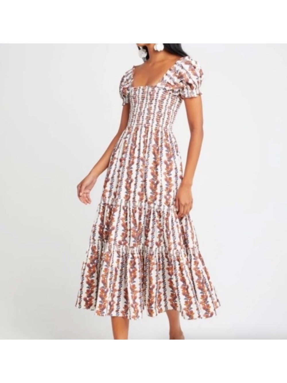 O.P.T. Daphne Floral Smocked Tiered Midi Dress White Orange Women's Size Small
